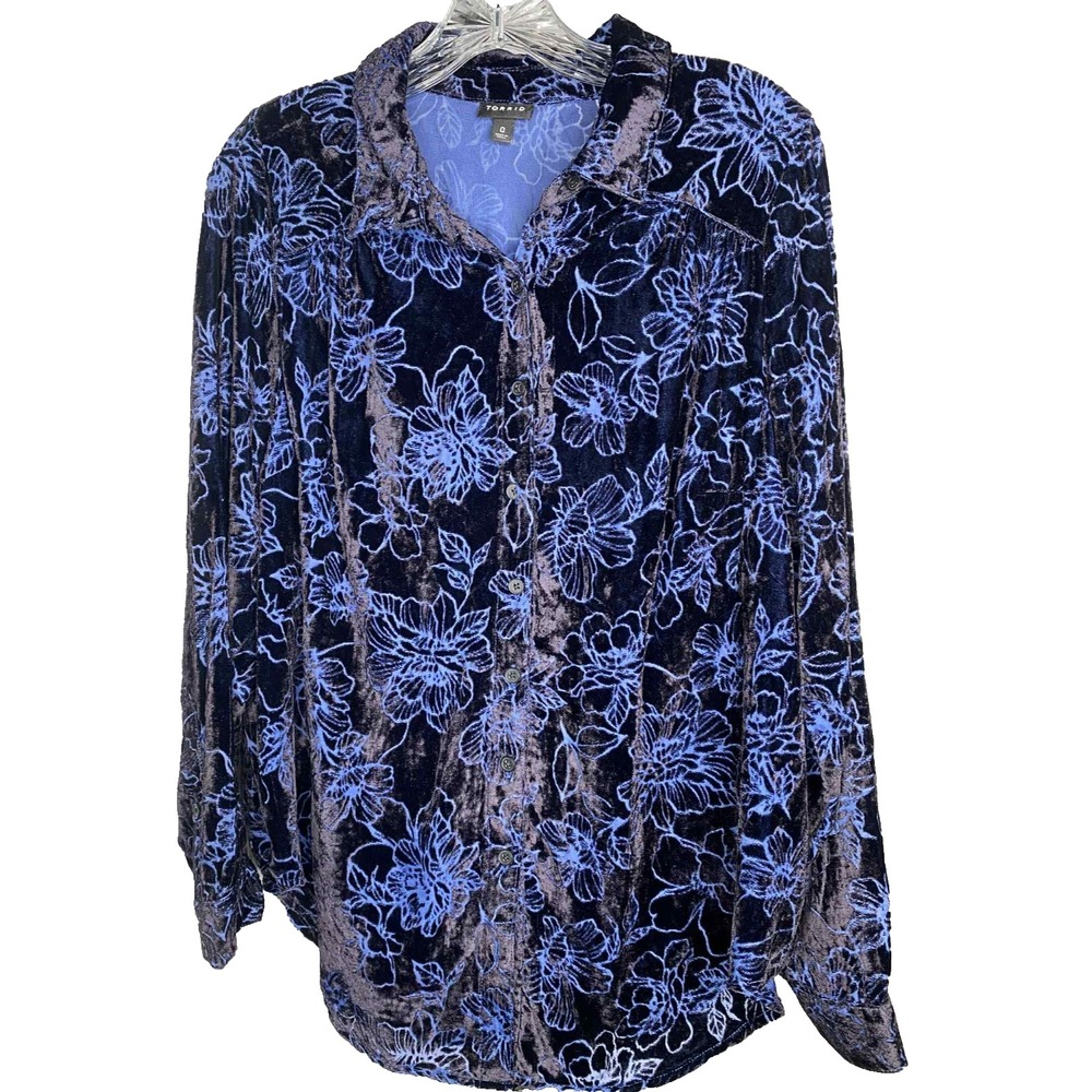 Torrid Women's Blue Madison  Blouse Velvet Burnout Button Up Size 0X Dressy Luxe